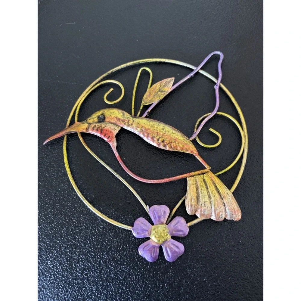 Hummingbird Metal Hanging Handcrafted Metal Art 7 in Gold Purple Red Age Unknown